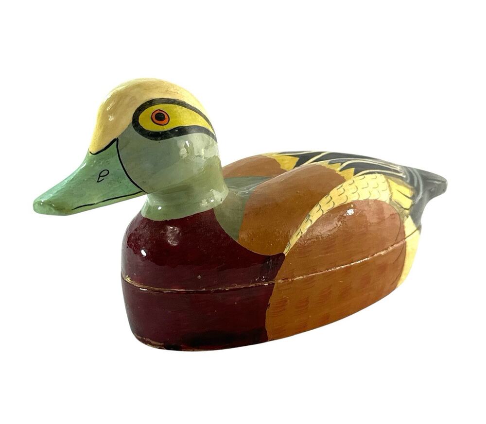 Vintage Kashmir India Hand Painted Wooden Duck Trinket Box Velvet Lined